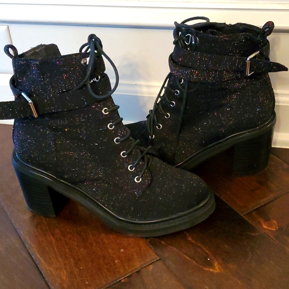 Shelly's London chunky heel lace boots buckle accent and rainbow lurex sparkle